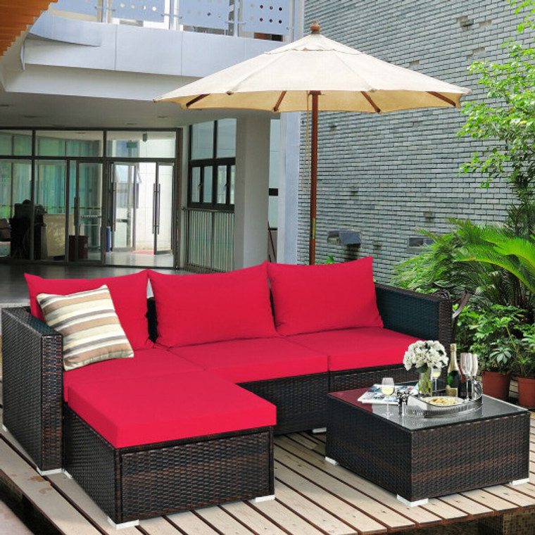 5 Pieces Patio Rattan Sectional Furniture Set With Cushions And Coffee Table-Red HW67769BRE+