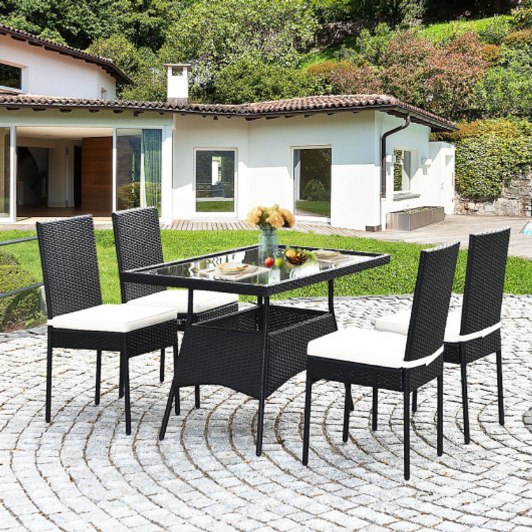 5 Pieces Outdoor Patio Rattan Dining Set With Glass Top With Cushions HW66854C+