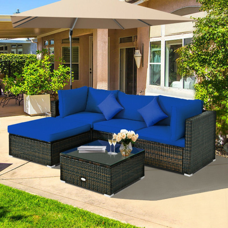 5-Piece Outdoor Patio Rattan Furniture Set Sectional Conversation With Navy Cushions-Navy HW68679ANY+