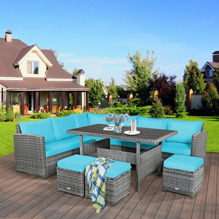 7 Pieces Patio Rattan Dining Furniture Sectional Sofa Set With Wicker Ottoman-Turquoise HW67190CTU+