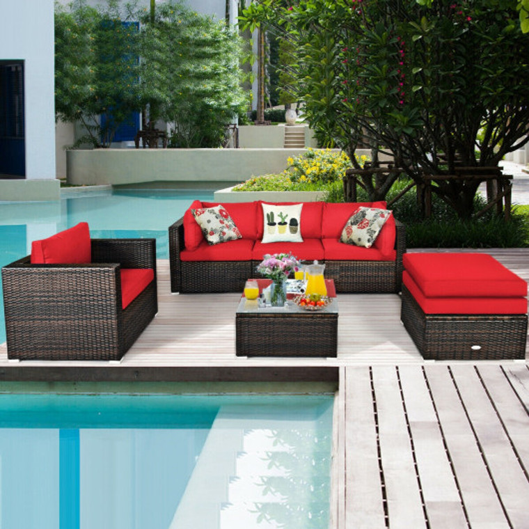 6-Piece Patio Rattan Furniture Set With Sectional Cushion-Red HW68677ARE+