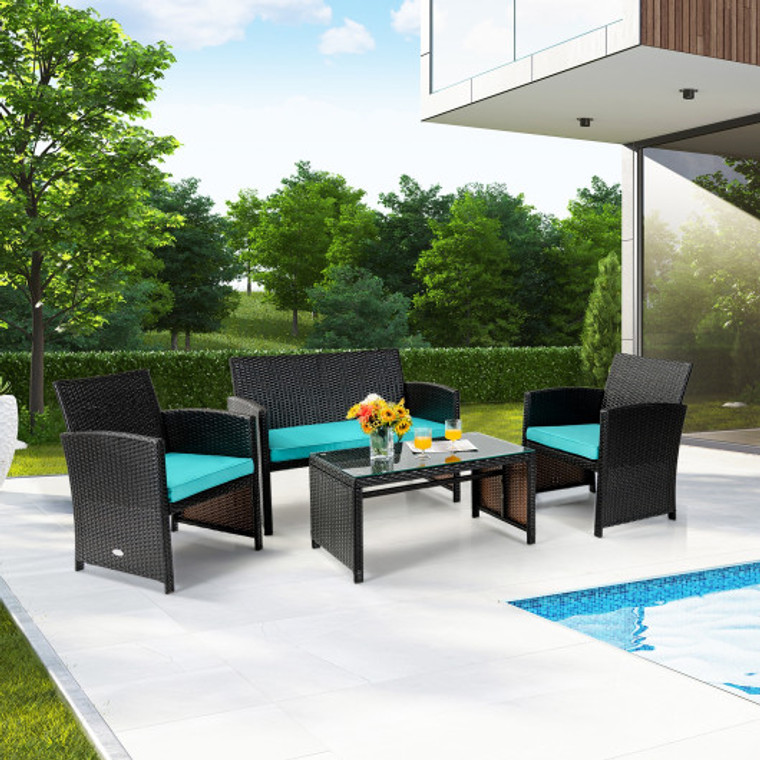 4 Pieces Patio Rattan Cushioned Furniture Set-Turquoise HW68664TU