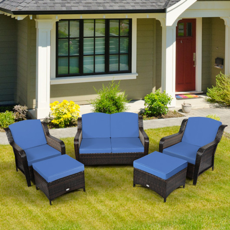 5 Pieces Patio Rattan Sofa Set With Cushion And Ottoman-Navy HW67702ANY+