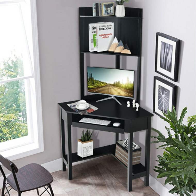 Corner Computer Desk With Hutch And Storage Shelves-Black HW67562BK