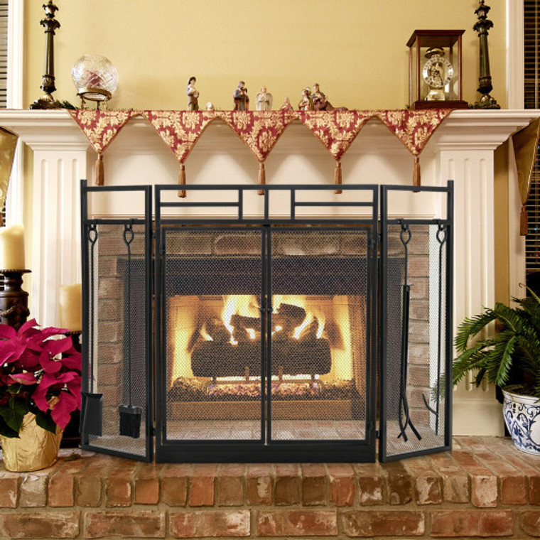 3-Panel Folding Wrought Iron Fireplace Screen With Doors And 4 Pieces Tools Set-Black JV10064BK