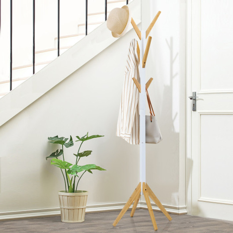 Bamboo Coat Rack Stand With 6 Hooks-White HU10121WH