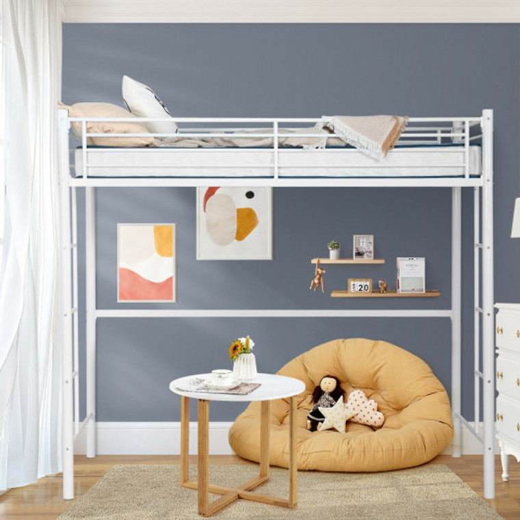 Twin Loft Bed Frame With 2 Ladders Full-Length Guardrail -White HU10108WH