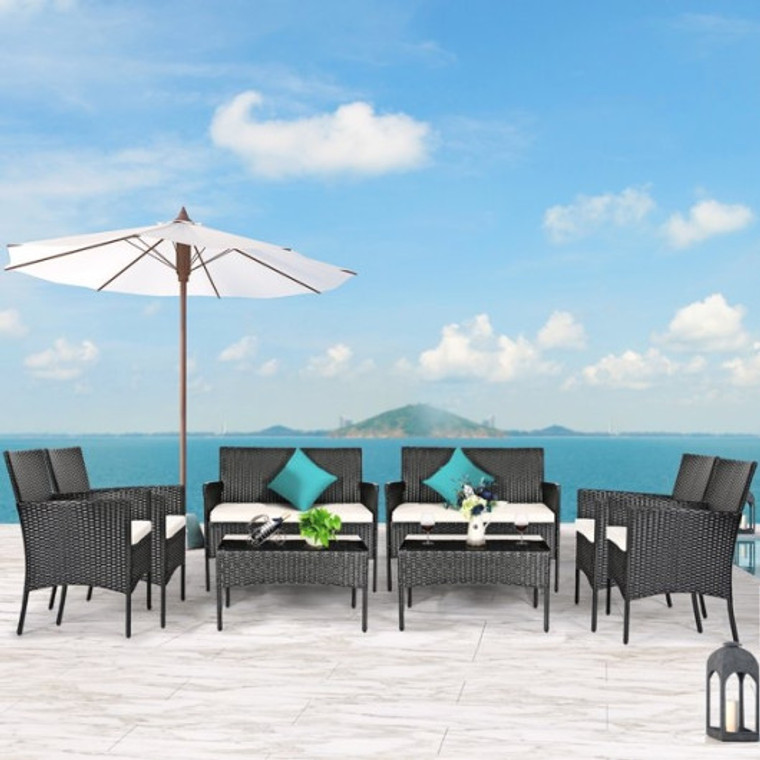 8 Pieces Patio Cushioned Rattan Furniture Set-White 2*HW65357WH