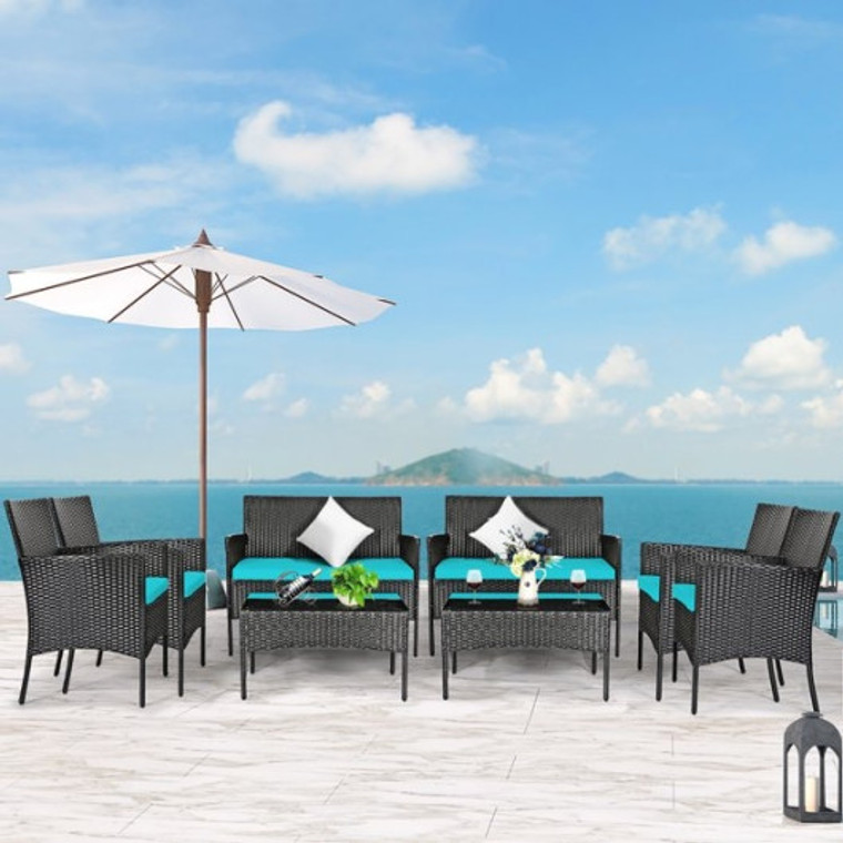 8 Pieces Patio Cushioned Rattan Furniture Set-Turquoise 2*HW65357TU