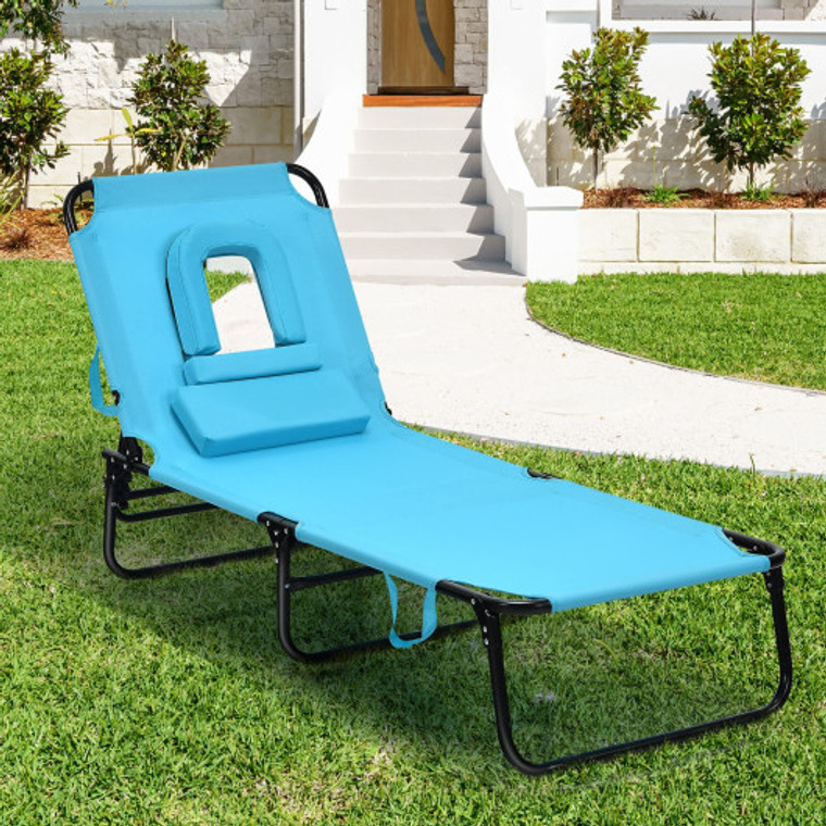 Outdoor Folding Chaise Beach Pool Patio Lounge Chair Bed With Adjustable Back And Hole-Turquoise NP10028NY