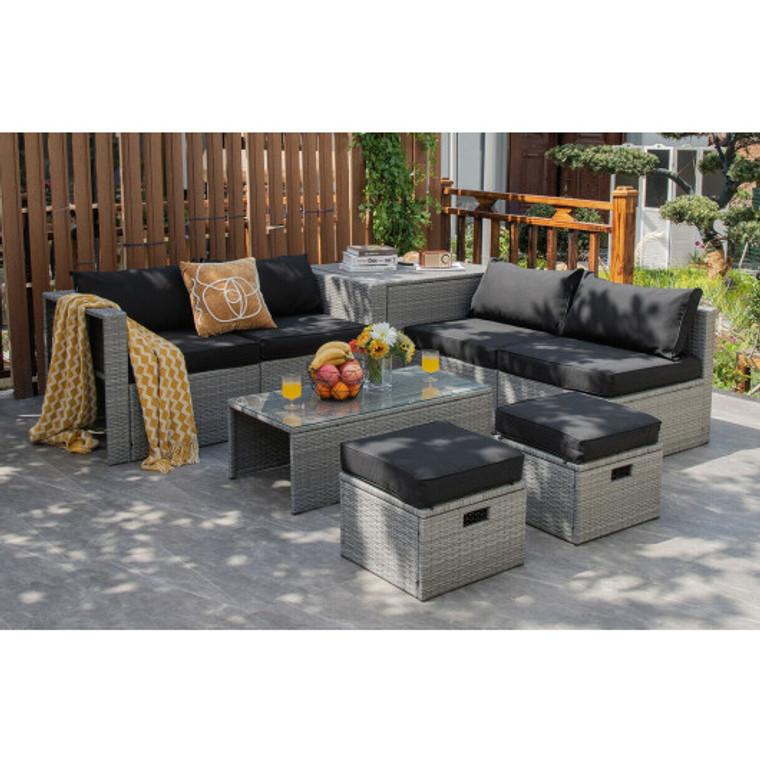 8 Pieces Patio Rattan Furniture Set With Storage Waterproof Cover And Cushion-Black HW68604DK+