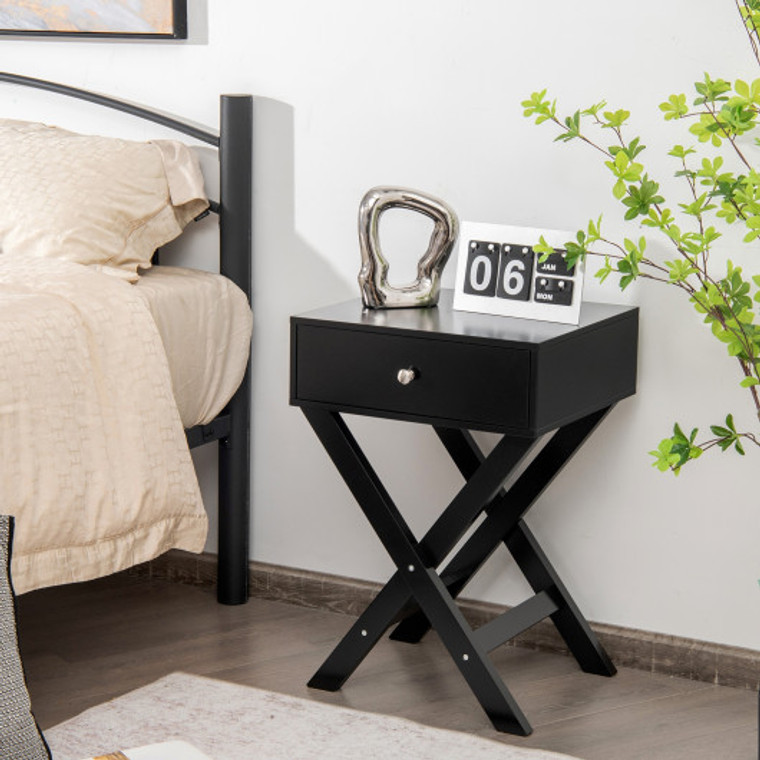 X Shaped Structure Side Nightstand With Drawer-Black HW66938BK