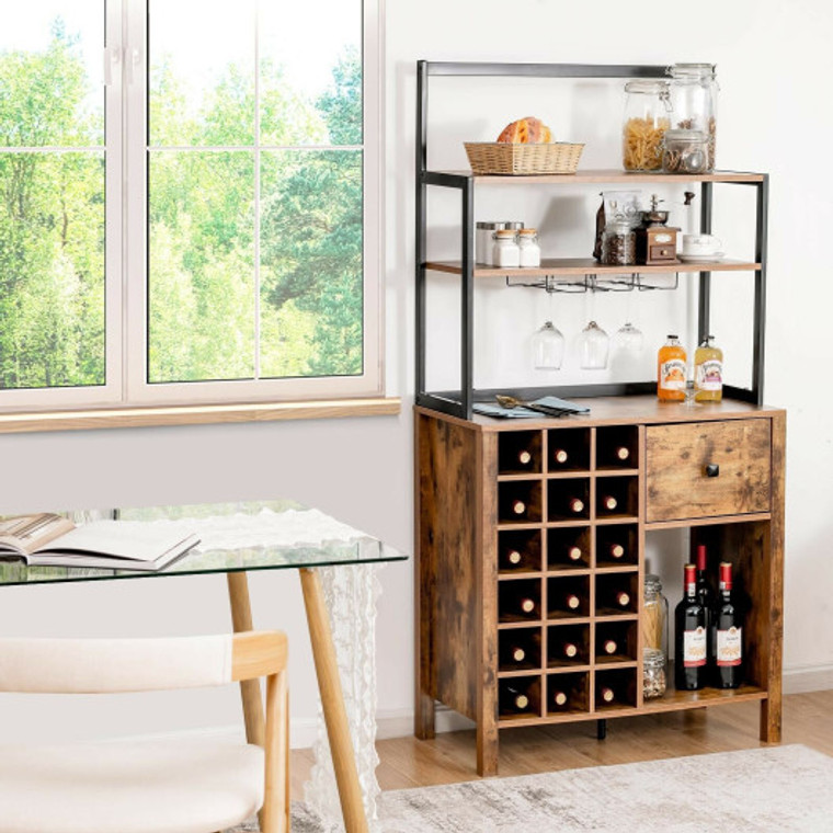 Kitchen Bakers Rack Freestanding Wine Rack Table With Glass Holder And Drawer-Rustic Brown JV10117CF