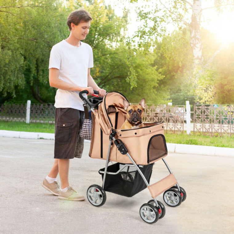 Foldable 4-Wheel Pet Stroller With Storage Basket-Beige LivePS7427BE