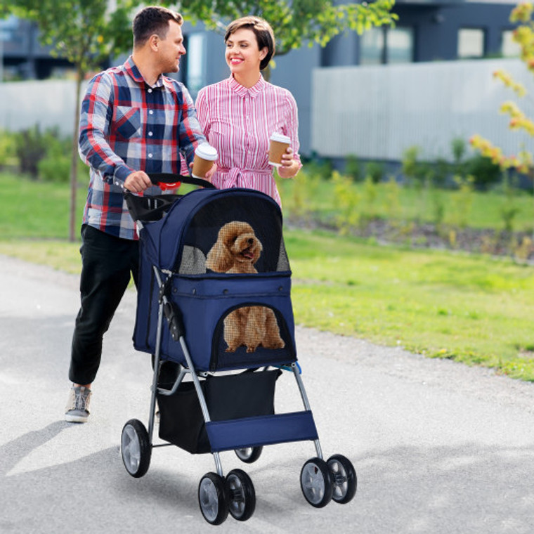 Foldable 4-Wheel Pet Stroller With Storage Basket-Navy LivePS7427NY