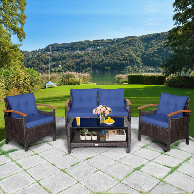 4 Pieces Patio Rattan Furniture Set With Cushioned Sofa And Storage Table-Navy HW69469NY+