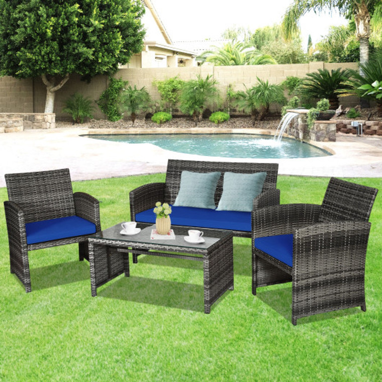 4 Pieces Patio Rattan Furniture Set With Glass Table And Loveseat-Navy LiveHW63238NY