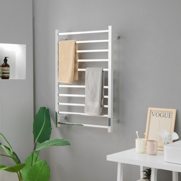 10 Bar Towel Warmer Wall Mounted Electric Heated Towel Rack With Built-In Timer-Silver ES10068US-SL