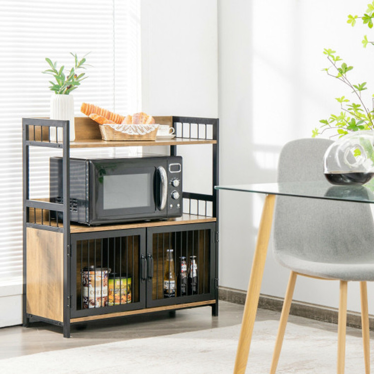 2-Tier Baker'S Rack Industrial Kitchen Microwave Oven Stand With Storage Cabinet-Rustic Brown JV10369BN