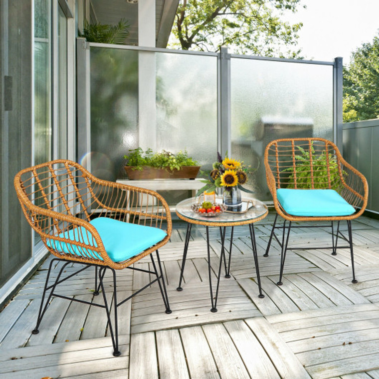 3 Pieces Rattan Furniture Set With Cushioned Chair Table-Turquoise OP70839TU