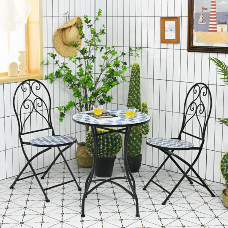 2 Pieces Patio Folding Mosaic Bistro Chairs With Blue Floral Pattern NP10208-22