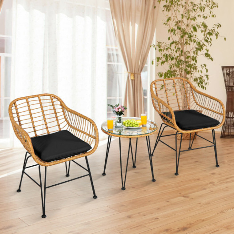 3 Pieces Rattan Furniture Set With Cushioned Chair Table-Black OP70839DK