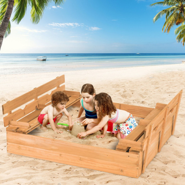 Kids Wooden Sandbox With 2 Foldable Bench Seats TS10041