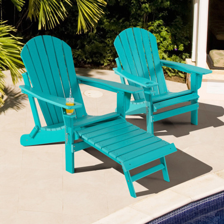 Patio All-Weather Folding Adirondack Chair With Pull-Out Ottoman-Turquoise NP10509TU