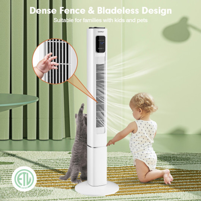 Portable 48 Inch Oscillating Standing Bladeless Tower Fans With 3 Speeds Remote Control-White ES10144US-WH