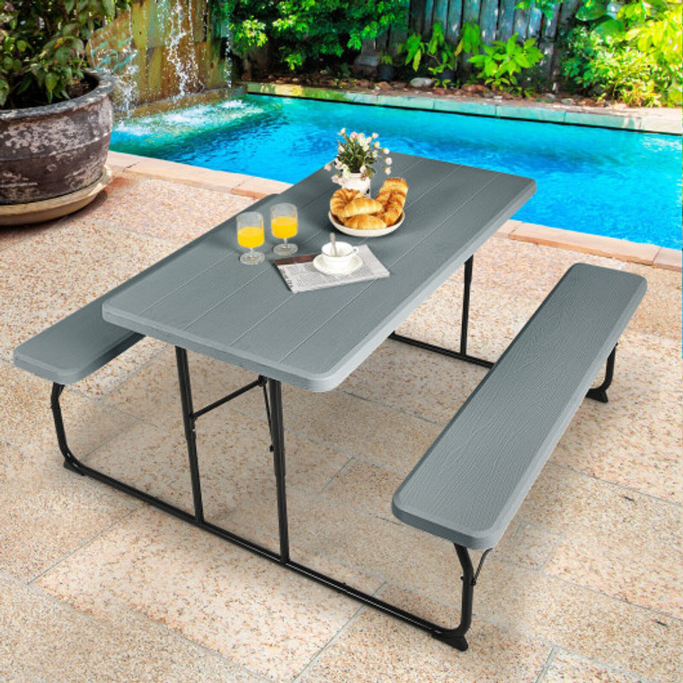 Indoor And Outdoor Folding Picnic Table Bench Set With Wood-Like Texture-Gray OP70672GR