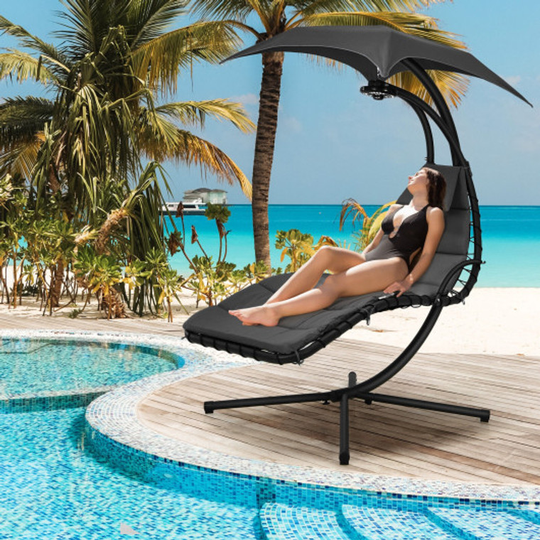Hanging Curved Steel Swing Chaise Lounger With Removable Canopy And Overhead Light-Gray NP10372HS