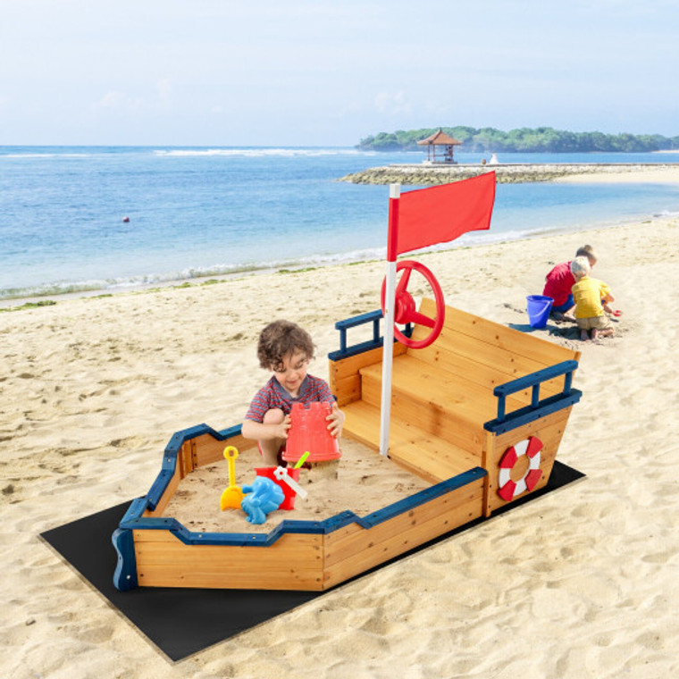 Kids Pirate Boat Wooden Sandbox Children Outdoor Playset TS10028