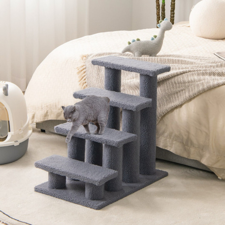 24 Inch 4-Step Pet Stairs Carpeted Ladder Ramp Scratching Post Cat Tree Climber-Gray PS7174GR