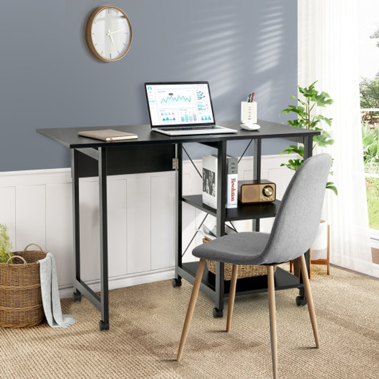 Folding Writing Office Desk With Storage Shelves-Black HW67486DK