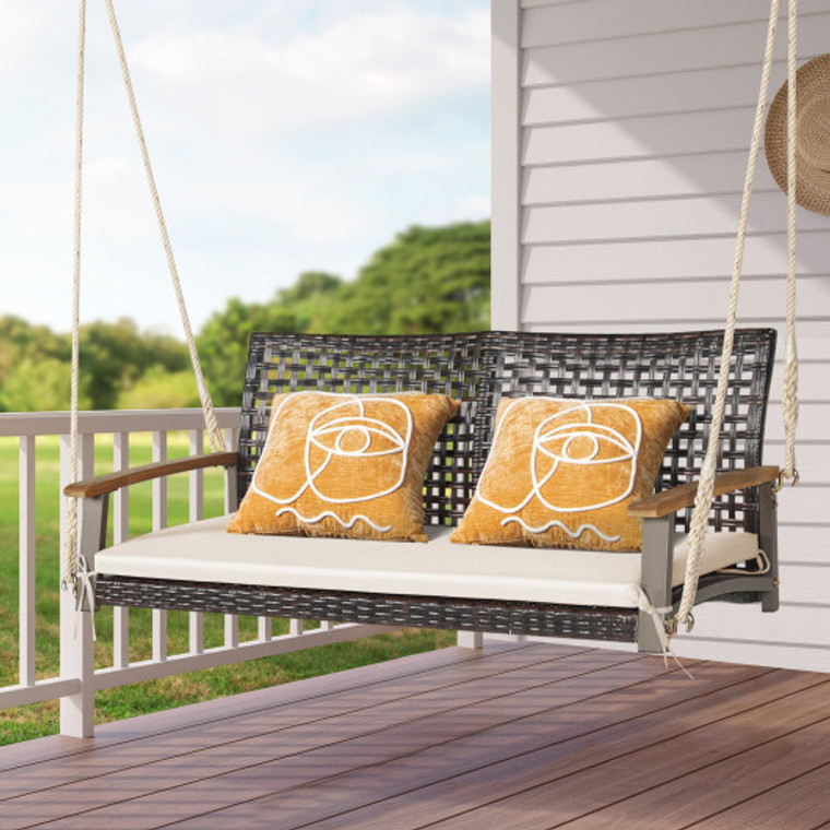 2-Person Rattan Hanging Porch Swing Chair-Off White HW69764WH