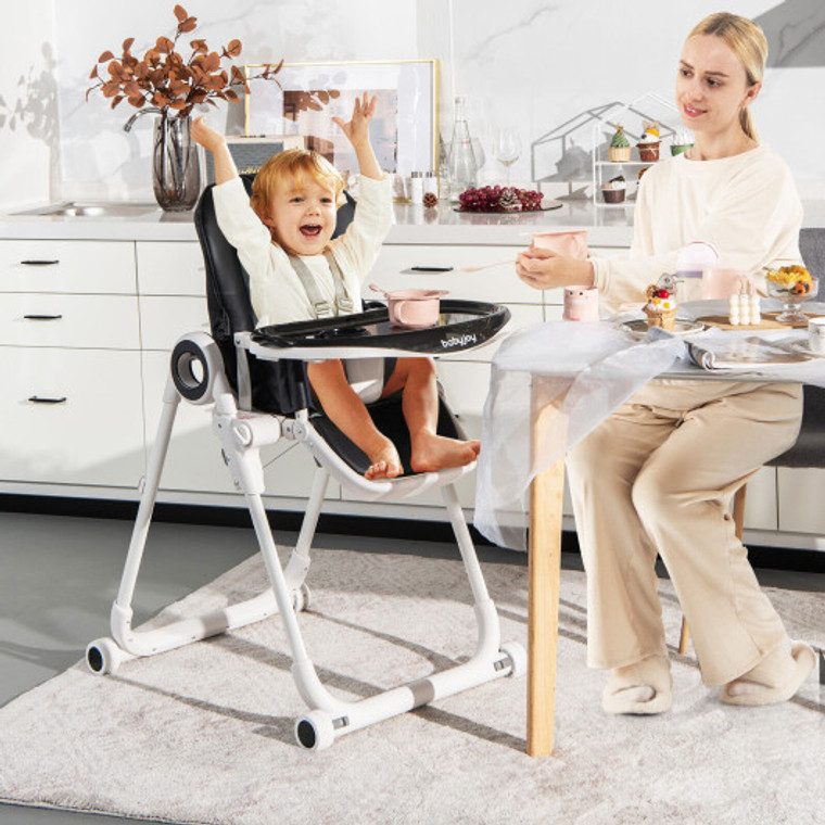 Baby High Chair Foldable Feeding Chair With 4 Lockable Wheels-Black AD10011BK