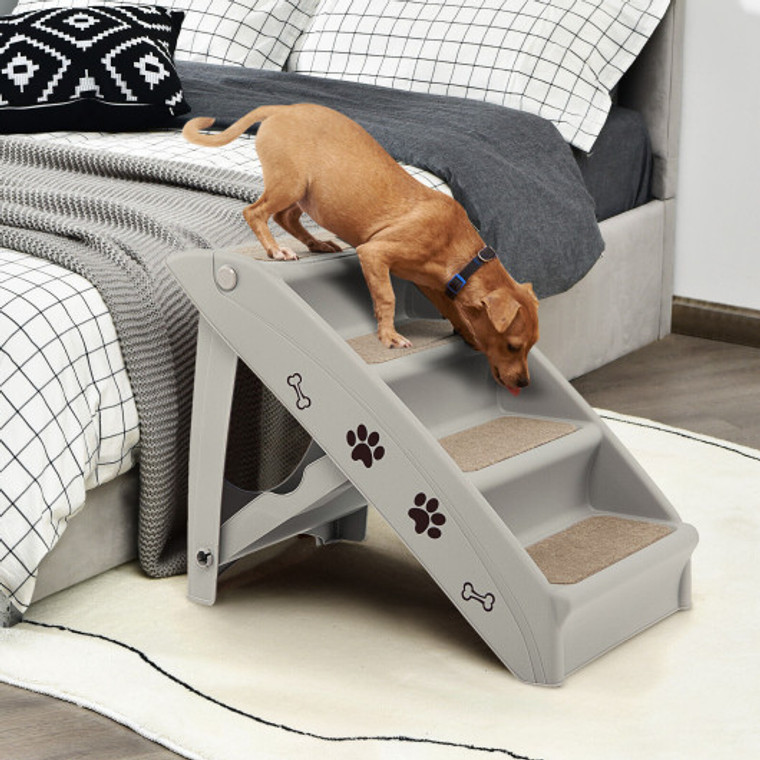 4 Steps Folding Pet Stairs With Safe Side Rail-Gray PW10029GR