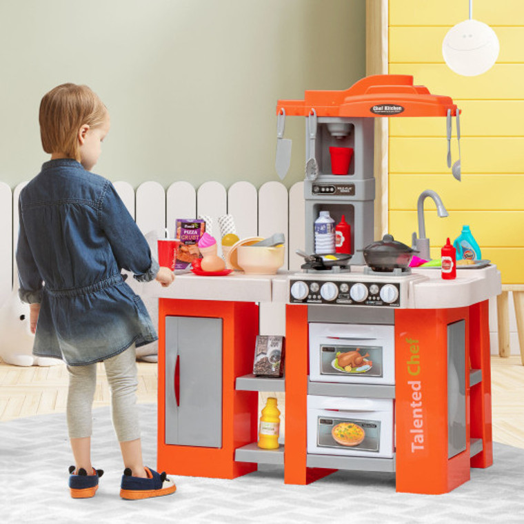 67 Pieces Play Kitchen Set For Kids With Food And Realistic Lights And Sounds-Orange TP10034OR