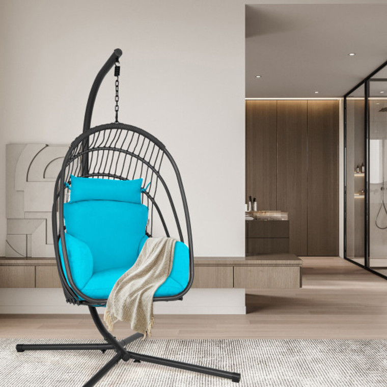 Hanging Folding Egg Chair With Stand Soft Cushion Pillow Swing Hammock-Turquoise NP10351TU