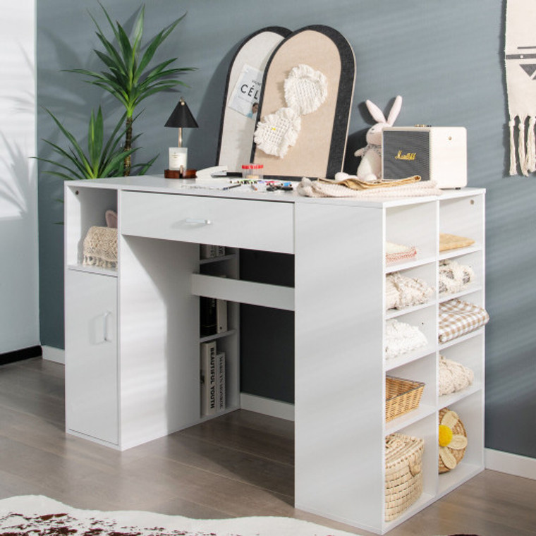 Counter Height Sewing Craft Table Computer Desk With Adjustable Shelves And Drawer-White HW66213WH+