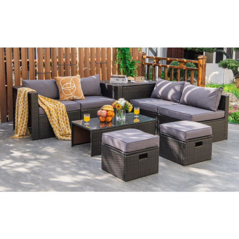 8 Pieces Patio Space-Saving Rattan Furniture Set With Storage Box And Waterproof Cover-Gray HW68592GR+