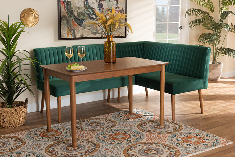 Baxton Studio Alvis Mid-Century Modern Emerald Green Velvet Upholstered and Walnut Brown Finished Wood 3-Piece Dining Nook Set BBT8063-Emerald Velvet/Walnut-3PC Dining Nook Set