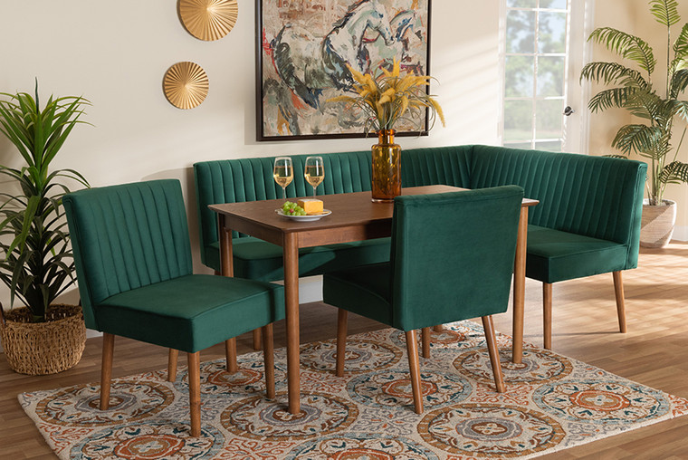 Baxton Studio Alvis Mid-Century Modern Emerald Green Velvet Upholstered and Walnut Brown Finished Wood 5-Piece Dining Nook Set BBT8063-Emerald Velvet/Walnut-5PC Dining Nook Set