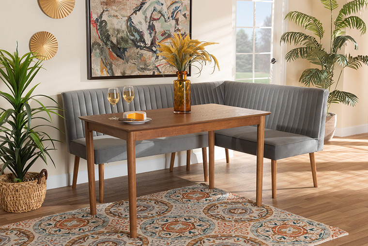 Baxton Studio Alvis Mid-Century Modern Grey Velvet Upholstered and Walnut Brown Finished Wood 3-Piece Dining Nook Set BBT8063-Grey Velvet/Walnut-3PC Dining Nook Set