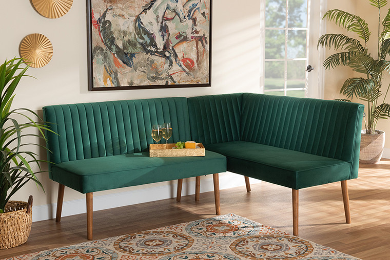 Baxton Studio Alvis Mid-Century Modern Emerald Green Velvet Upholstered and Walnut Brown Finished Wood 2-Piece Dining Nook Banquette Set BBT8063-Emerald Velvet/Walnut-2PC SF Bench