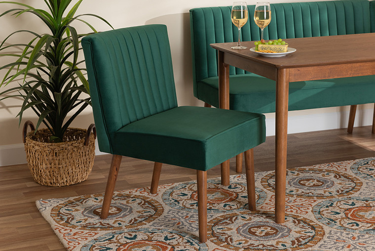 Baxton Studio Alvis Mid-Century Modern Emerald Green Velvet Upholstered and Walnut Brown Finished Wood Dining Chair BBT8063-Emerald Velvet/Walnut-CC
