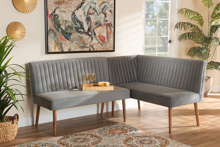 Baxton Studio Alvis Mid-Century Modern Grey Velvet Upholstered and Walnut Brown Finished Wood 2-Piece Dining Nook Banquette Set BBT8063-Grey Velvet/Walnut-2PC SF Bench