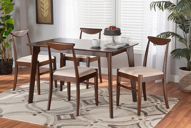 Baxton Studio Delphina Mid-Century Modern Cream Fabric and Dark Brown Finished Wood 5-Piece Dining Set Delphina-Beige/Cappuccino-5PC Dining Set
