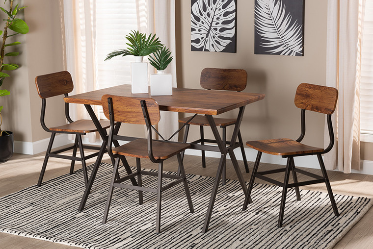 Baxton Studio Irwin Modern Industrial Walnut Brown Finished Wood and Black Metal 5-Piece Dining Set D01333-5PC-Dining Set
