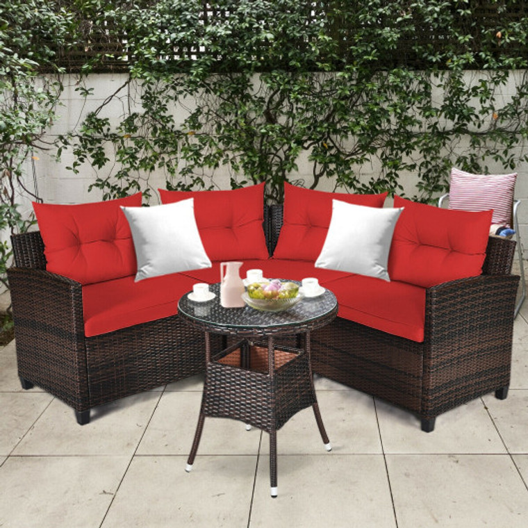 4 Pieces Outdoor Cushioned Rattan Furniture Set-Red HW68655REA+